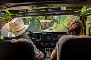 view out front windshield in Jeep on dirt road