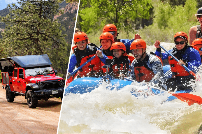 Red Jeep and family smiling in raft with splashing water